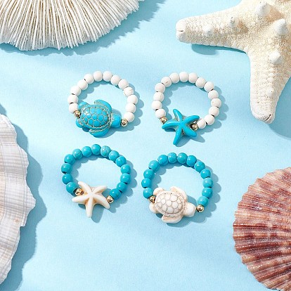 Кольца из синтетической бирюзы, с латунными бусинами, синтетическими магнезитовыми бусинами и эластичной хрустальной нитью