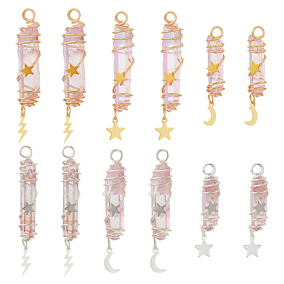 12 шт. 6 стили гальванизированные натуральные кварцевые кристаллы заостренные медные проволочные подвески-пули, с латунью и 304 нержавеющей сталью звезда молния луна, розовые
