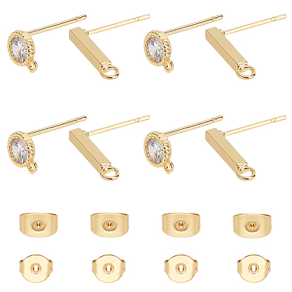 8Pairs 2 Styles Brass Stud Earring Finding, Long-Lasting Plated, with Loop and Ear Nuts, Strip & Flat Round