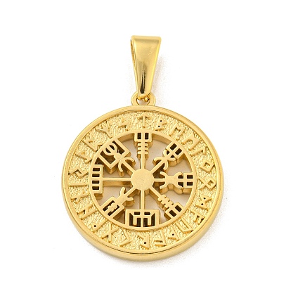 Ion Plating(IP) 304 Stainless Steel Pendants, Flat Round with Vegvisir Charm