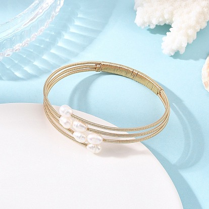 Natural Freshwater Pearl & Brass 3-Strand Open Cuff Bangles, White