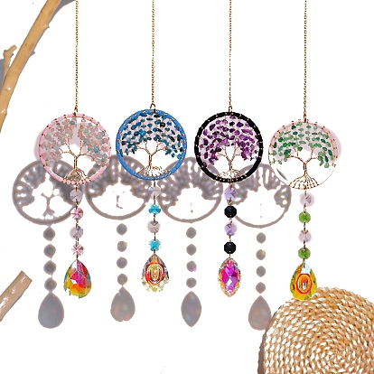 Каплевидные стеклянные ловцы солнца, Древо жизни драгоценные камни чип подвесные украшения, создатель радуги, для украшения сада и дома
