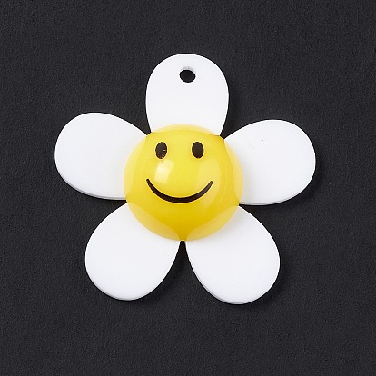 Opaque Acrylic Pendants, Sunflower with Smiling Face Charm