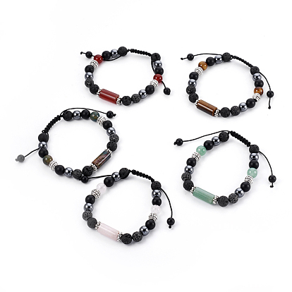 Natural & Synthetic Mixed Stone Braided Bead Bracelets, with Brass Cubic Zirconia Beads, Alloy Beads and Nylon Thread