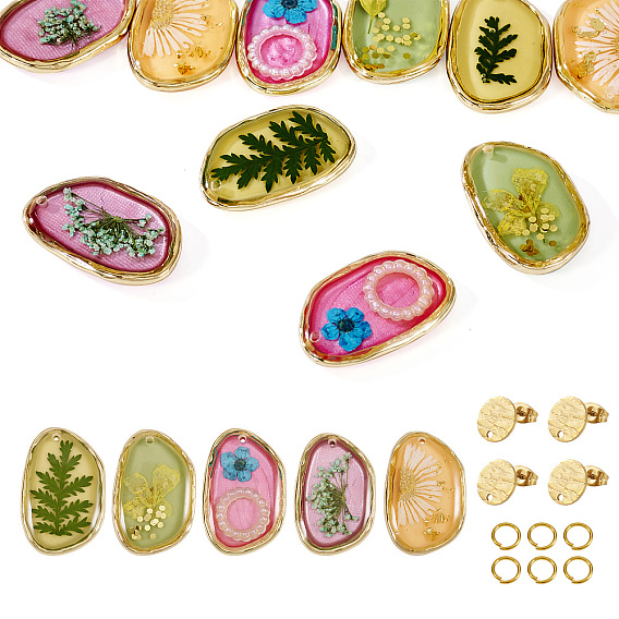 DIY 5 Pairs Earring Making Kits, include Alloy & Epoxy & Dried Flower Pendants, 304 Stainless Steel Stud Earring Finding