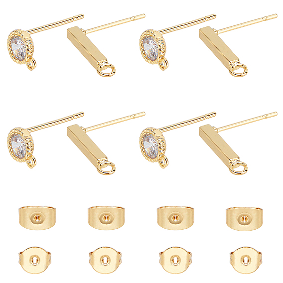 8Pairs 2 Styles Brass Stud Earring Finding, Long-Lasting Plated, with Loop and Ear Nuts, Strip & Flat Round