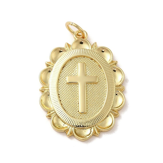 Brass Pendants, with Jump Ring, Oval with Cross