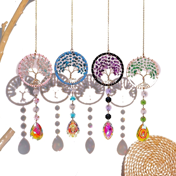 Каплевидные стеклянные ловцы солнца, Древо жизни драгоценные камни чип подвесные украшения, создатель радуги, для украшения сада и дома