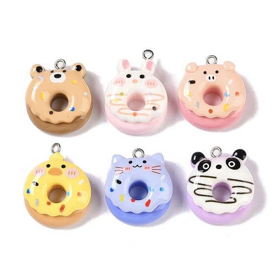 Непрозрачные подвески из искусственной смолы, Подвески-пончики с животными и железными петлями с платиновым покрытием, форма кролика/медведя/панды/кошки/утки/свиньи