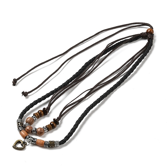 Natural Wooden Double Layered Necklaces, Alloy Heart Pendant Adjustable Necklace