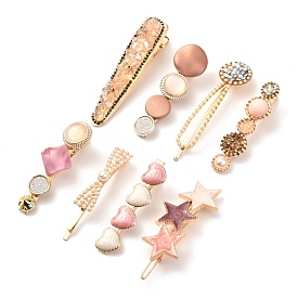 Imitation Pearl Iron Alligator Hair Clips Sets, with Acrylic and Resin, Mixed Shapes
