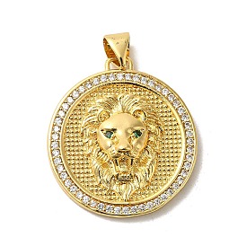Flat Round with Lion Rack Plating Brass Micro Pave Clear Cubic Zirconia Pendants, Long-Lasting Plated, Lead Free & Cadmium Free