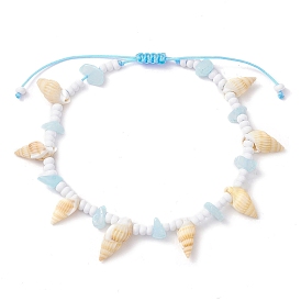 Natural Spiral Shell Braided Anklets, with Glass and Natural White Jade Beads