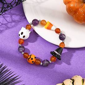 Pulseras elásticas hechas a mano con cuentas redondas de amatista natural y ágata roja, con forma de calabaza fantasma y virutas de vidrio soplado, para mujer.