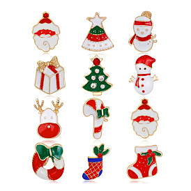12Pcs 12 Style Christmas Tree & Santa Claus & Candy Cane & Sock Enamel Pins, Golden Alloy Brooches for Backpack Clothes