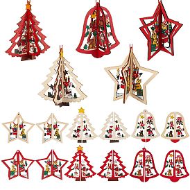 6 Sets 6 Style Christmas Tree & Star & Bell Wooden Ornaments, Christmas Tree Hanging Decorations, for Christmas Party Gift Home Decoration