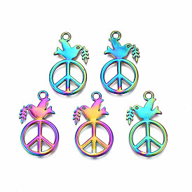 Rainbow Color Alloy Pendants, Cadmium Free & Nickel Free & Lead Free, Peace Sign with Dove