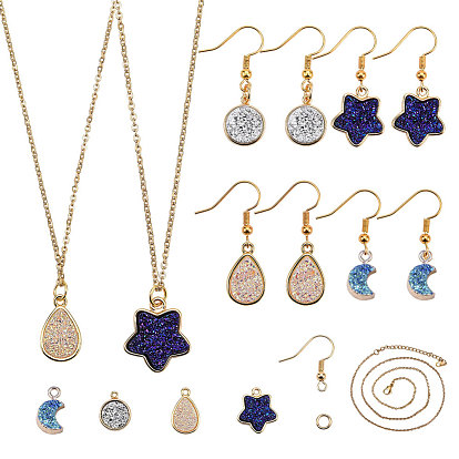 SUNNYCLUE DIY Earring & Necklace Making, with Brass Pendants, Druzy Resin Cabochons, 304 Stainless Steel Necklaces, Jump Rings and Brass Earring Hooks