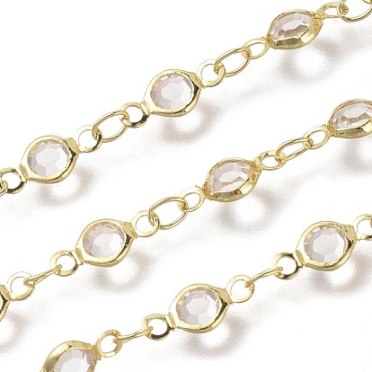 Handmade Glass Link Chains, Soldered, with Brass Findings, with Spool, Long-Lasting Plated, Flat Round