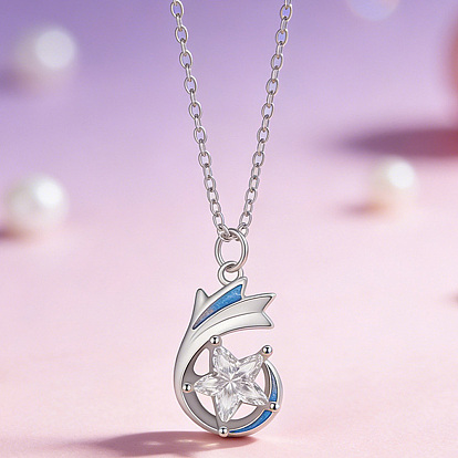 Collares con colgante de estrella de latón con circonitas cúbicas transparentes para mujer., con esmalte azul