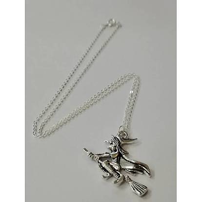 Collier pendentif, avec chaînes de câble en laiton et pendentifs en alliage de sorcière halloween de style tibétain