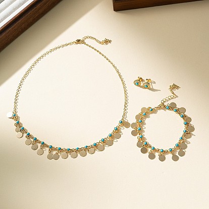 Комплекты ожерелий и браслетов с подвесками из плоского круглого сплава и синтетической бирюзы