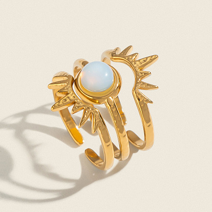 304 Stainless Steel Opalite Cuff Open Rings for Women, Sun, Stackable Rings, Real 18K Gold Plated