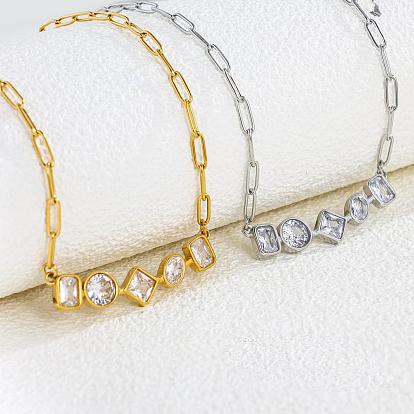 304 Geometrische Anhänger-Halsketten aus Edelstahl mit klarem Zirkonia-Pavé für Damen