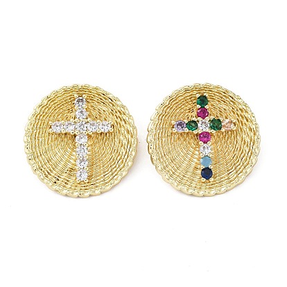 Латунные микро проложить кубического циркония подвески, без кадмия и без свинца, круглые с крестом, реальный 16 k позолоченный