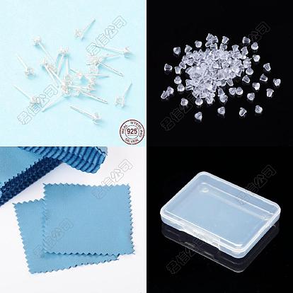 6Pares 925 Engastes de aretes tipo botón de plata esterlina, 50 Uds tuercas de oreja de plástico, 1 Paño de pulido plateado cuadrado de tela de gamuza
