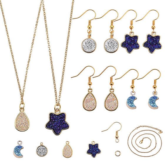 Sunnyclue DIY Ohrring & Halskette machen, mit Messing-Anhänger, druzy Harzcabochons, 304 Edelstahlhalsketten, Biegeringe und Messing-Ohrhaken