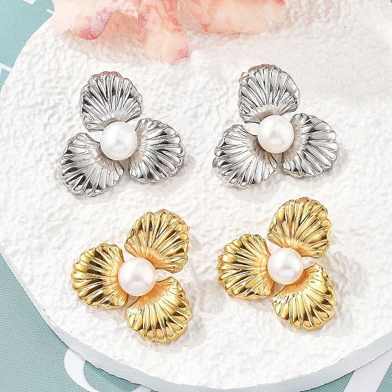 304 из нержавеющей стали серьги, с бисером пресноводного жемчуга, цветок, ионное покрытие (ip)