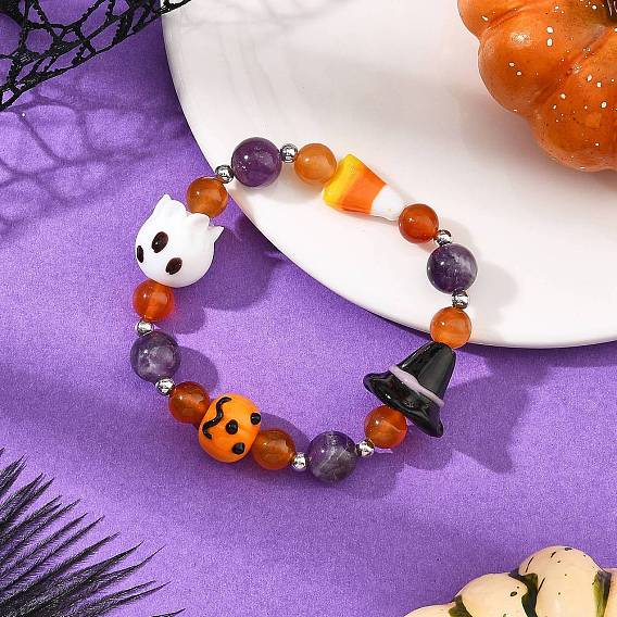 Handmade Lampworrk Ghost Pumpkin and Round Natural Amethyst & Red Agate Beaded Stretch Bracelets for Women