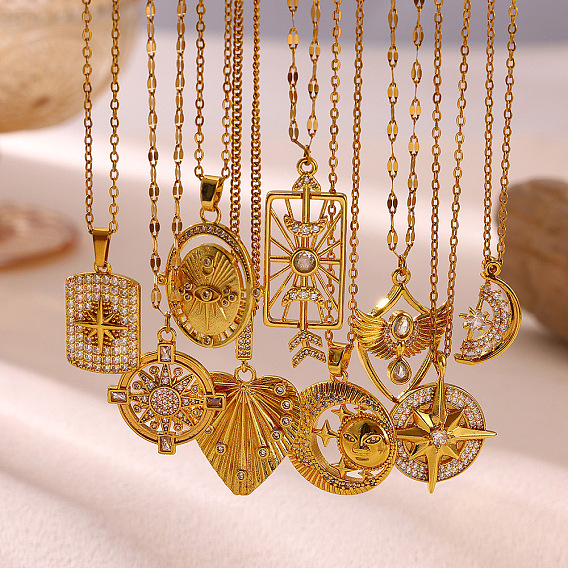Bohemian Brass Pave Clear Cubic Zirconia Pendant 304 Stainless Steel Chain Necklaces, Golden