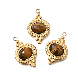 Natural Tiger Eye Pendants, with Vacuum Plating 201 Stainless Steel Findings, Oval