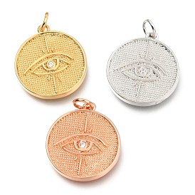 Brass Micro Pave Clear Cubic Zirconia Pendants, with Jump Ring, Long-Lasting Plated, Flat Round with Eye