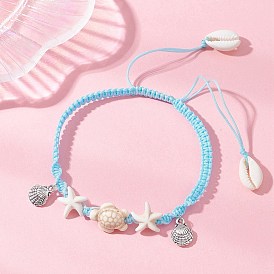 Регулируемые летние пляжные браслеты на лодыжку из синтетических бусин бирюзового цвета, окрашенные в цвет морской звезды или черепахи., с подвесками в форме натуральных раковин каури и раковин из сплава.