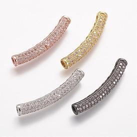 Brass Micro Pave Cubic Zirconia Tube Beads, Tube, Curved, Clear