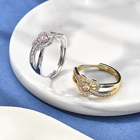 Brass Micro Pave Cubic Zirconia Adjustable Finger Rings for Women, Heart