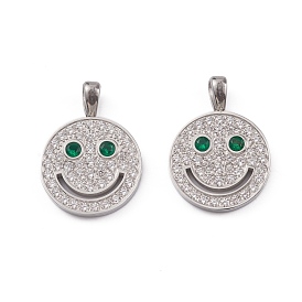 304 Stainless Steel Pendants, with Glass Rhinestone, Flat Round with Smiling Face Pattern Charm