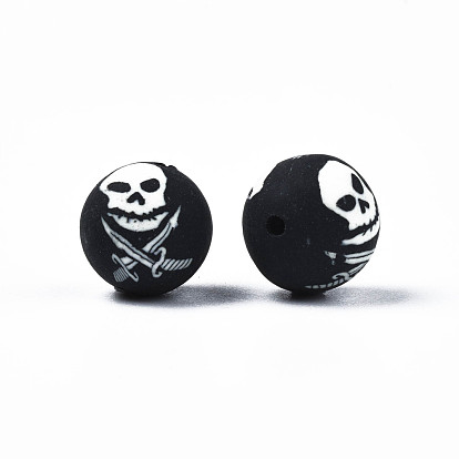 Handmade Polymer Clay Beads, Round with Skull