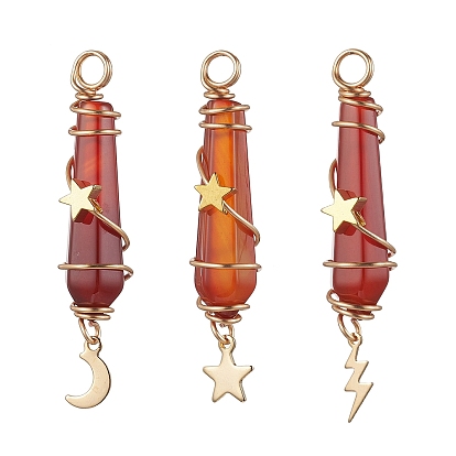 3 шт. 3 стили натуральный драгоценный камень заостренный медная проволока обернутая граненая пуля большие подвески, металлические подвески в виде луны, звезды, молнии, золотые