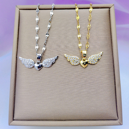 Латунные микропаве прозрачные кубические цирконии ожерелья с подвеской в виде крыльев ангела и сердца, 304 цепочки из нержавеющей стали для женщин