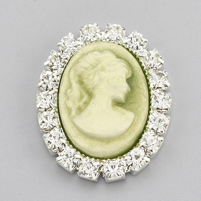 Resin Cameo Cabochons, with Brass & Rhinestone, Oval with Lady Head Portrait, Silver