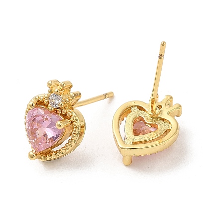 Rack Plating Brass Crown with Love Stud Earrings with Cubic Zirconia, Lead Free & Cadmium Free