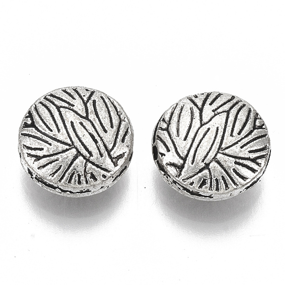 Tibetan Style Alloy Beads, Cadmium Free & Lead Free, Flat Round with Leaf