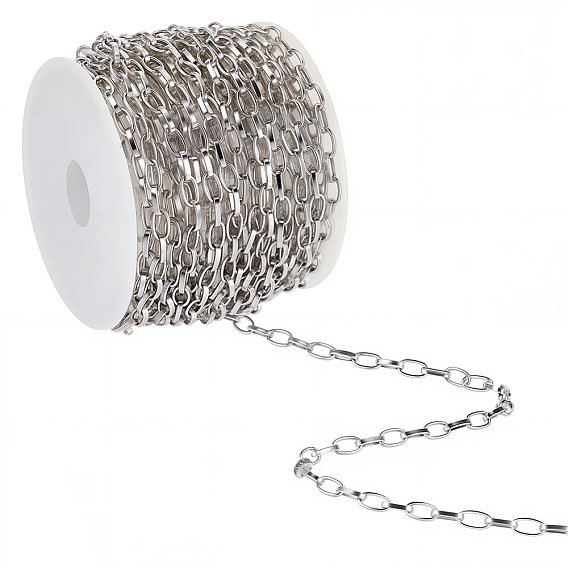 5M 304 Stainless Steel Paperclip Chains, Drawn Elongated Cable Chains, with Spool, Unwelded, with 1Pc Plastic Empty Spools