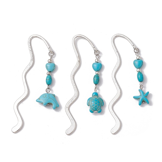 3 шт. 3 стили волнистые закладки из цинкового сплава, Подвеска-закладка из синтетических бирюзовых бусин в виде морской звезды, дельфина, черепахи