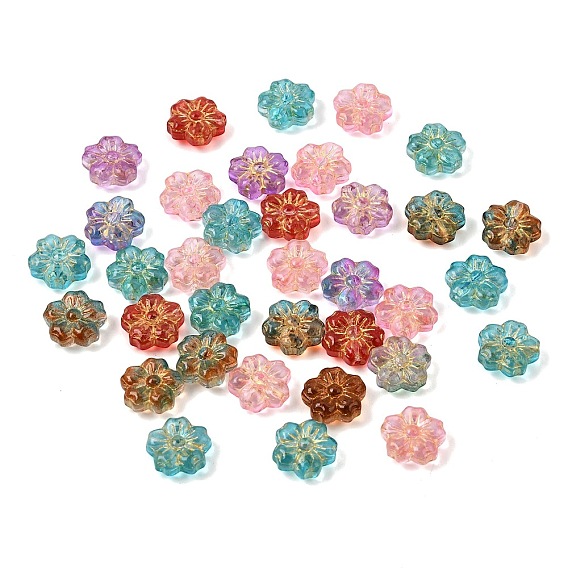 Baking Paint and Golden Metal Enlaced Glass Beads, Flower