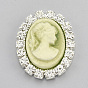 Resin Cameo Cabochons, with Brass & Rhinestone, Oval with Lady Head Portrait, Silver
